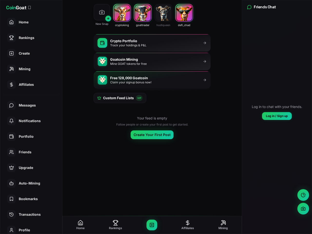 The CoinGoat.com web app showing the crypto portfolio, Goatcoin mining and social feed dashboard