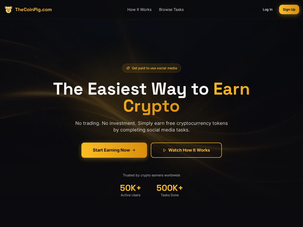 Screenshot of TheCoinPig.com homepage, a crypto micro-tasks, jobs and Pigcoin mining platform